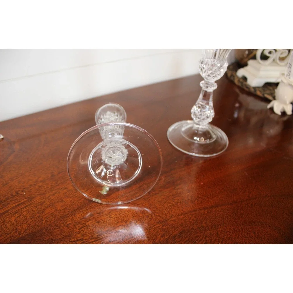 pair of Vintage clear pressed diamond-cut candlestick holder